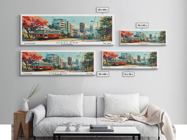 Oakland California Panoramic Painting, Mid Century Modern Framed Canvas Print, Retro Pop Art Travel Poster, Living Room Art, Home Decor, Office Wall Art, Vintage Style