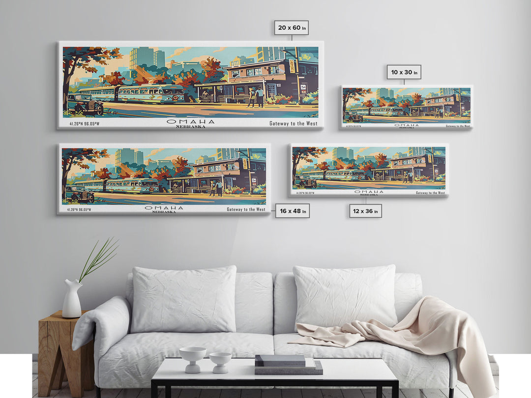 Omaha Nebraska Panoramic Painting, Mid Century Modern Framed Canvas Print, Retro Pop Art Travel Poster, Living Room Art, Home Decor, Office Wall Art, Vintage Style