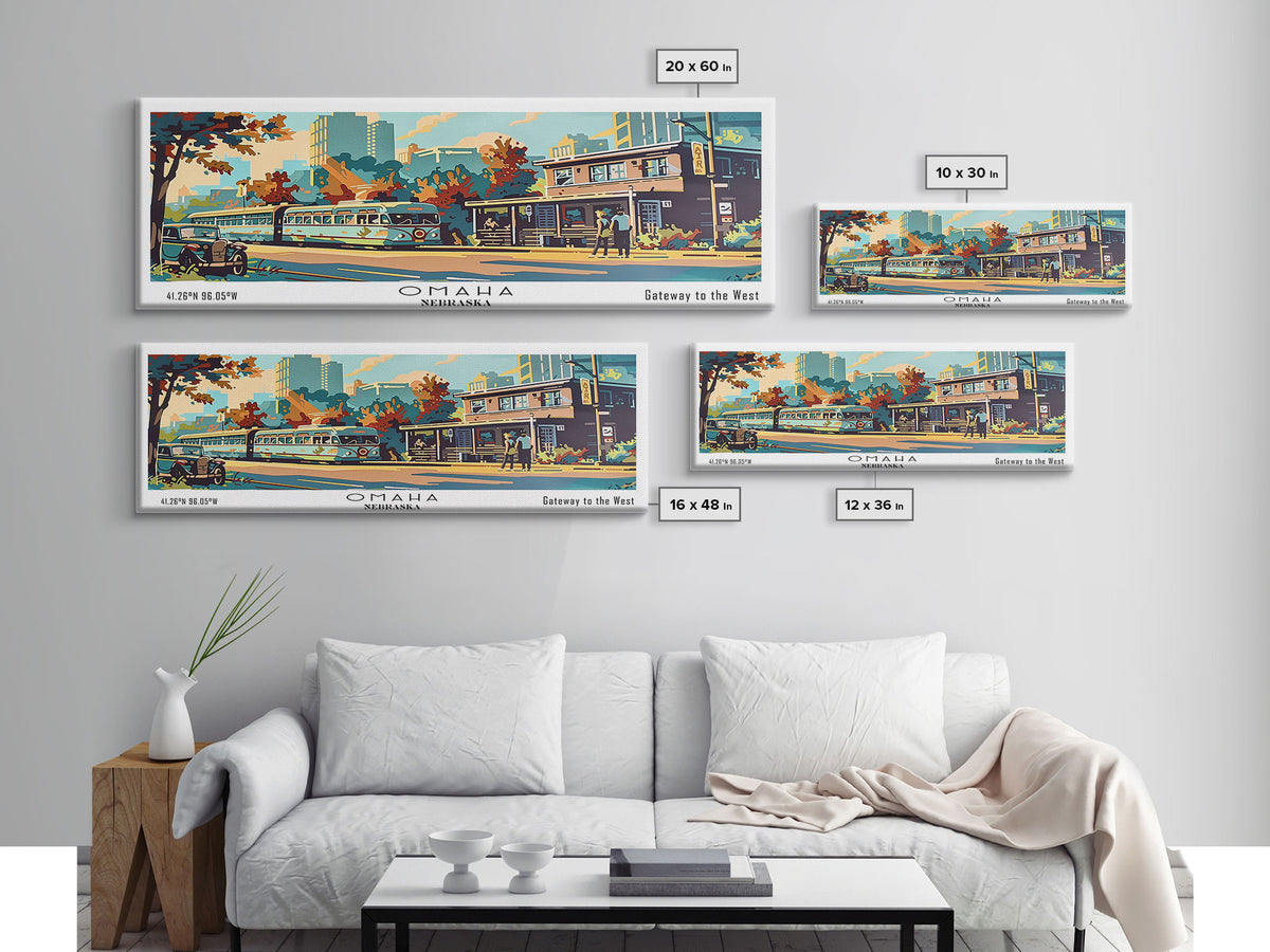 Omaha Nebraska Panoramic Painting, Mid Century Modern Framed Canvas Print, Retro Pop Art Travel Poster, Living Room Art, Home Decor, Office Wall Art, Vintage Style