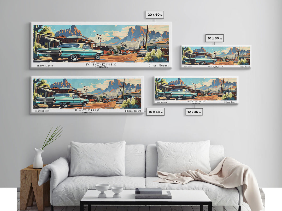 Phoenix Arizona Panoramic Painting, Retro Style Framed Canvas Print, Mid Century Modern Art, Pop Art Travel Poster, Home Office Decor