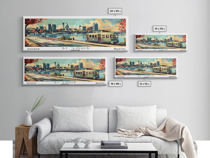 St. Louis Missouri Panoramic Painting, Mid Century Modern Framed Canvas Print, Retro Pop Art Travel Poster, Living Room Wall Art and Office Decor