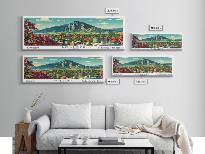 Boulder Colorado Panoramic Painting, Mid Century Modern Framed Canvas Print, Retro Pop Art Travel Poster, Living Room Wall Art Decor, City Print