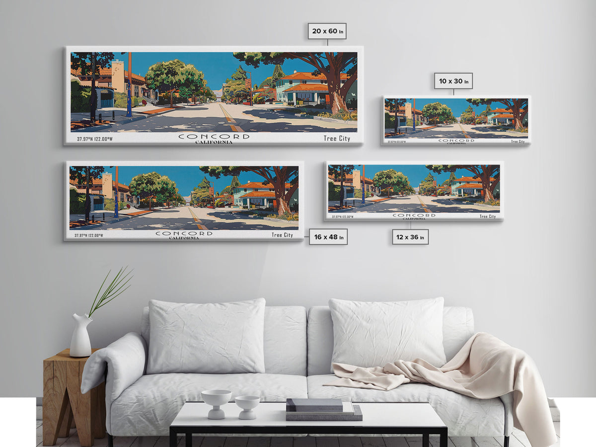 Concord California Panoramic Painting, Mid Century Modern Framed Canvas Print, Retro Pop Art Travel Poster, City Wall Decor, Office Decor