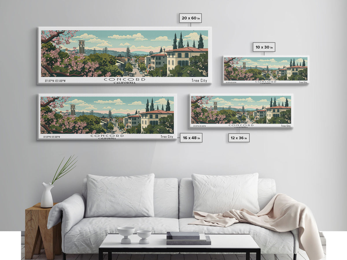 Concord California Panoramic Painting, Mid Century Modern Framed Canvas Print, Retro Pop Art Travel Poster, City Wall Decor, Office Decor