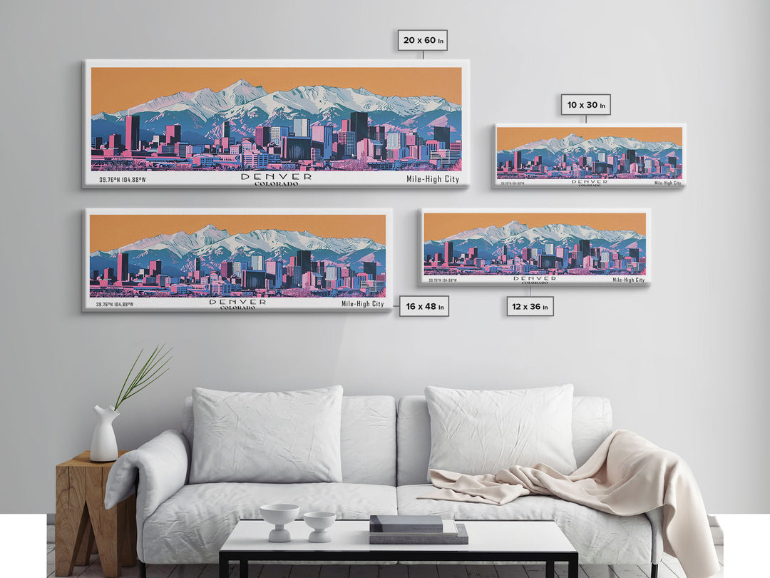 Denver Colorado Panoramic Wall Art, Mid Century Modern Framed Canvas Print, Retro Pop Art Travel Poster, City Living Room Art, Office Decor