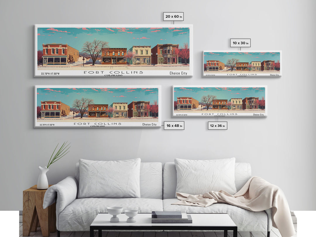 Fort Collins Colorado Panoramic Painting, Mid Century Modern Framed Canvas Print, Retro Pop Art Travel Poster, Office Wall Decor