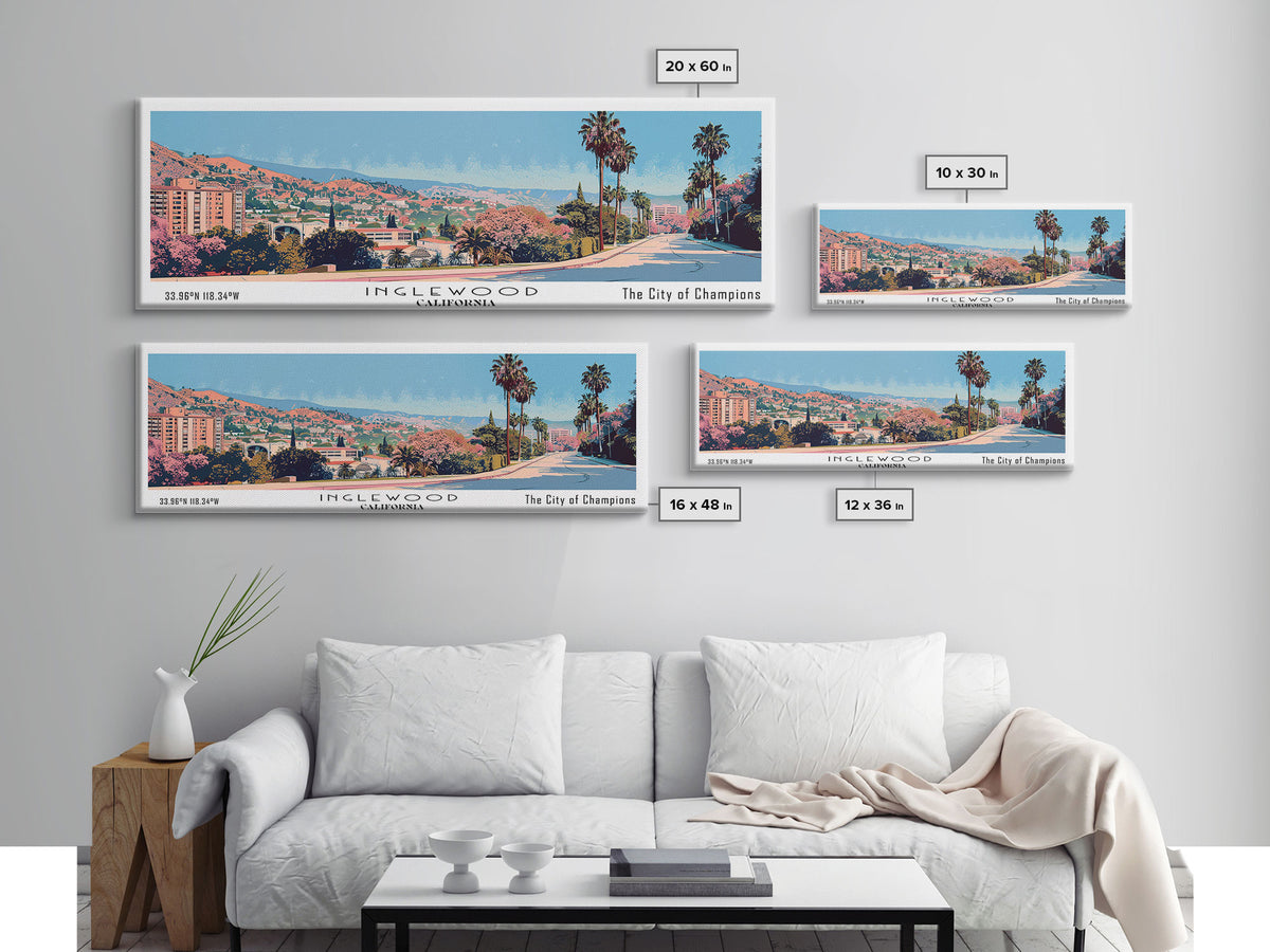 Inglewood California Panoramic Wall Art, Mid Century Modern Framed Canvas Print, Retro Pop Art Travel Poster, Home Wall Art