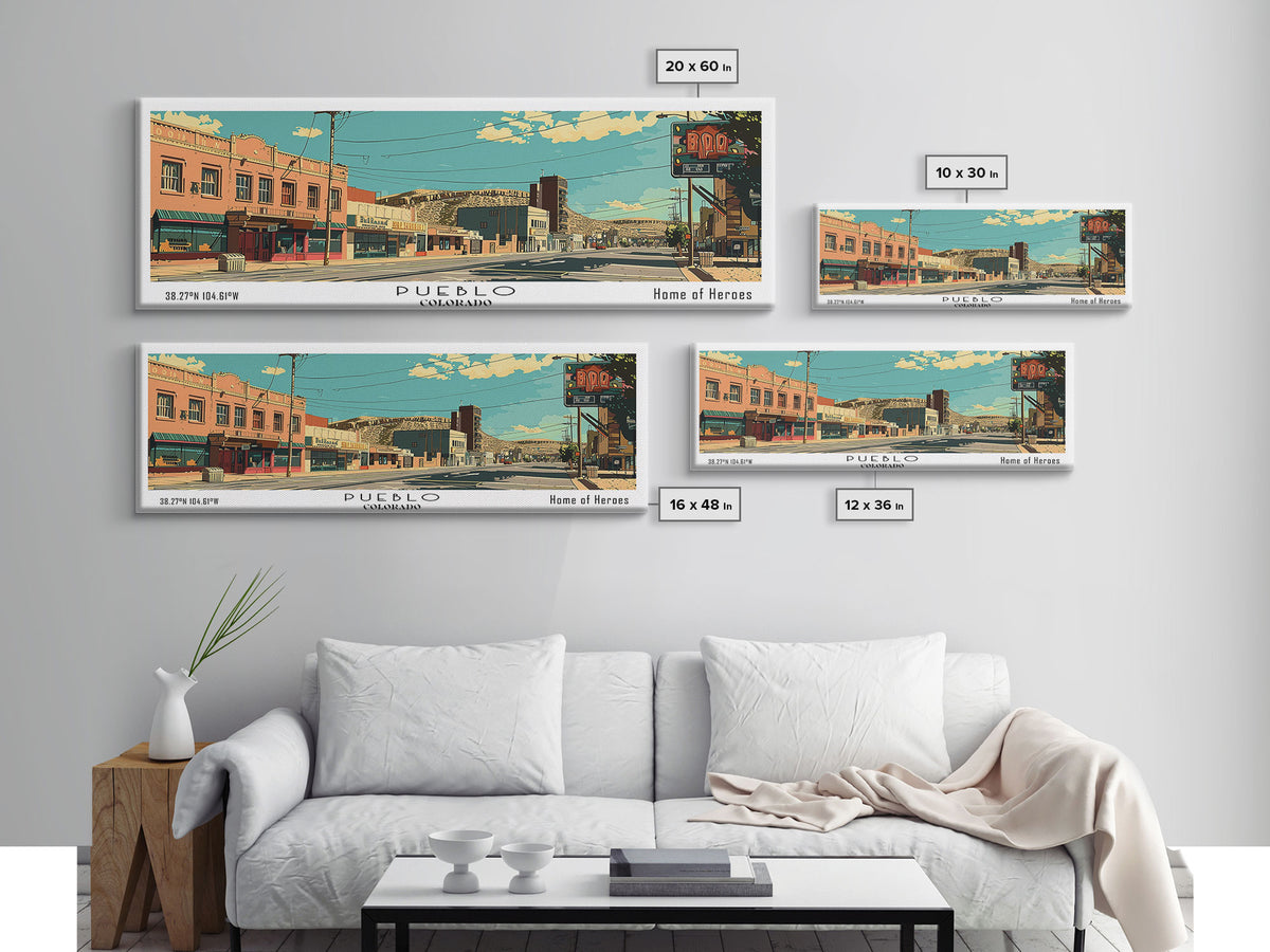 Pueblo Colorado Panoramic Wall Art, Mid Century Modern Framed Canvas Print, Retro Pop Art Travel Poster, City Art, Office Wall Decor, Living Room Art