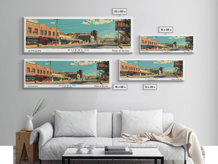 Pueblo Colorado Panoramic Wall Art, Mid Century Modern Framed Canvas Print, Retro Pop Art Travel Poster, City Art, Office Wall Decor, Living Room Art