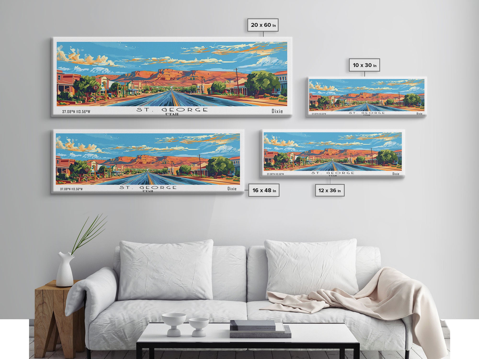 St. George Utah Panoramic Wall Art, Mid Century Modern Framed Canvas Print, Retro Pop Art Travel Poster, Office Wall Decor and Gift Idea