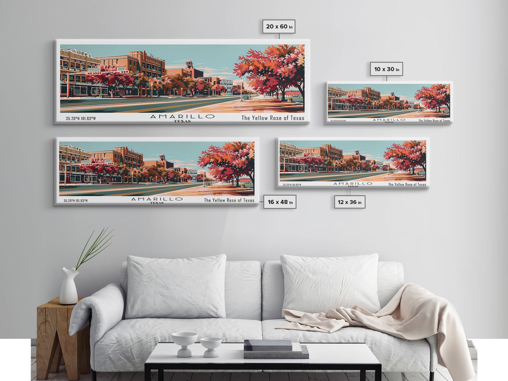 Amarillo Texas Panoramic Painting, Framed Canvas Print, Mid Century Modern Wall Art, Retro Pop Art Travel Poster, Home Decor, City Art