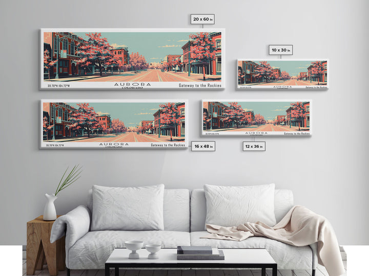 Aurora Colorado Panoramic Painting, Framed Canvas Print, Mid Century Modern Wall Art, Retro Pop Art Travel Poster, Office Decor, City Art