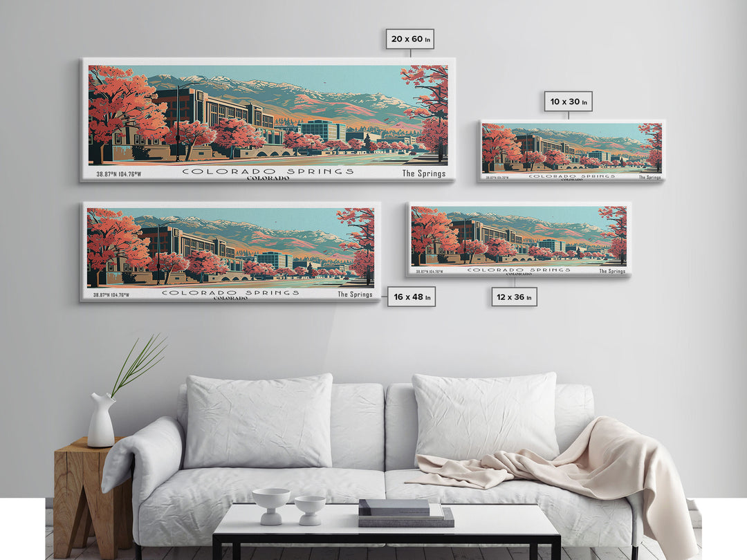 Colorado Springs Colorado Panoramic Painting, Framed Canvas Print, Mid Century Modern Wall Art, Retro Pop Art Travel Poster, Office Decor, City Art