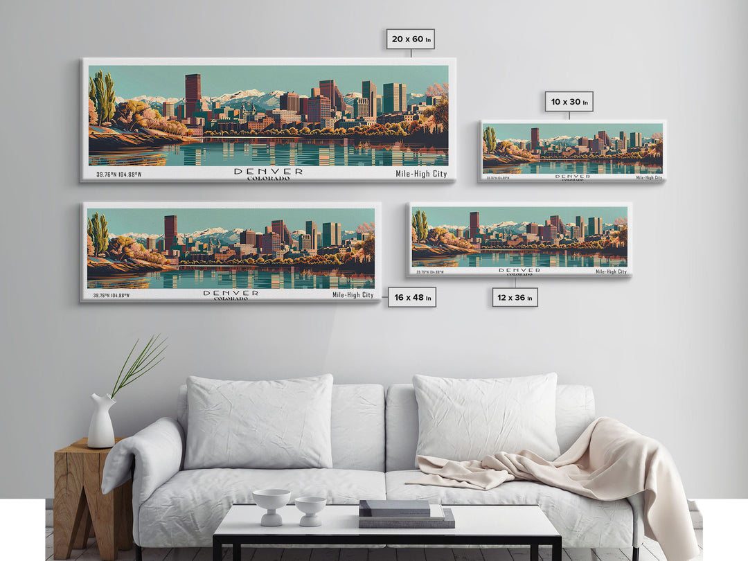 Denver Colorado Panoramic Painting, Framed Canvas Print, Mid Century Modern Wall Art, Retro Pop Art Travel Poster, Living Room Decor, City Art
