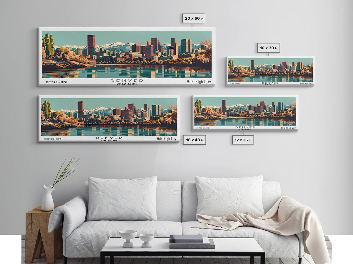 Denver Colorado Panoramic Painting, Framed Canvas Print, Mid Century Modern Wall Art, Retro Pop Art Travel Poster, Living Room Decor, City Art