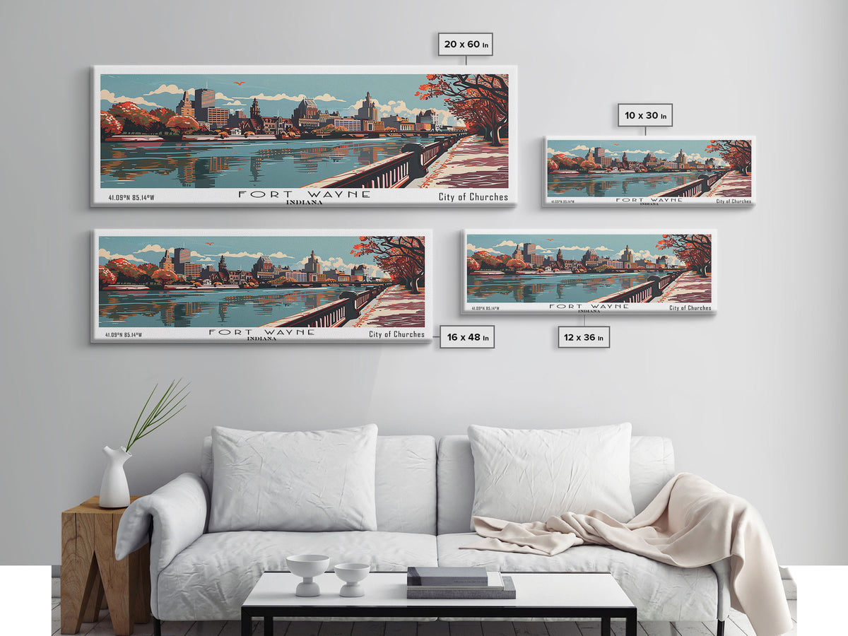 Fort Wayne Indiana Panoramic Painting, Framed Canvas Print, Mid Century Modern Wall Art, Retro Pop Art Travel Poster, Office Decor, City Art