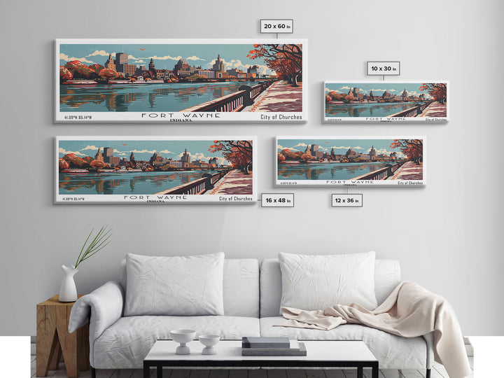Fort Wayne Indiana Panoramic Painting, Framed Canvas Print, Mid Century Modern Wall Art, Retro Pop Art Travel Poster, Office Decor, City Art