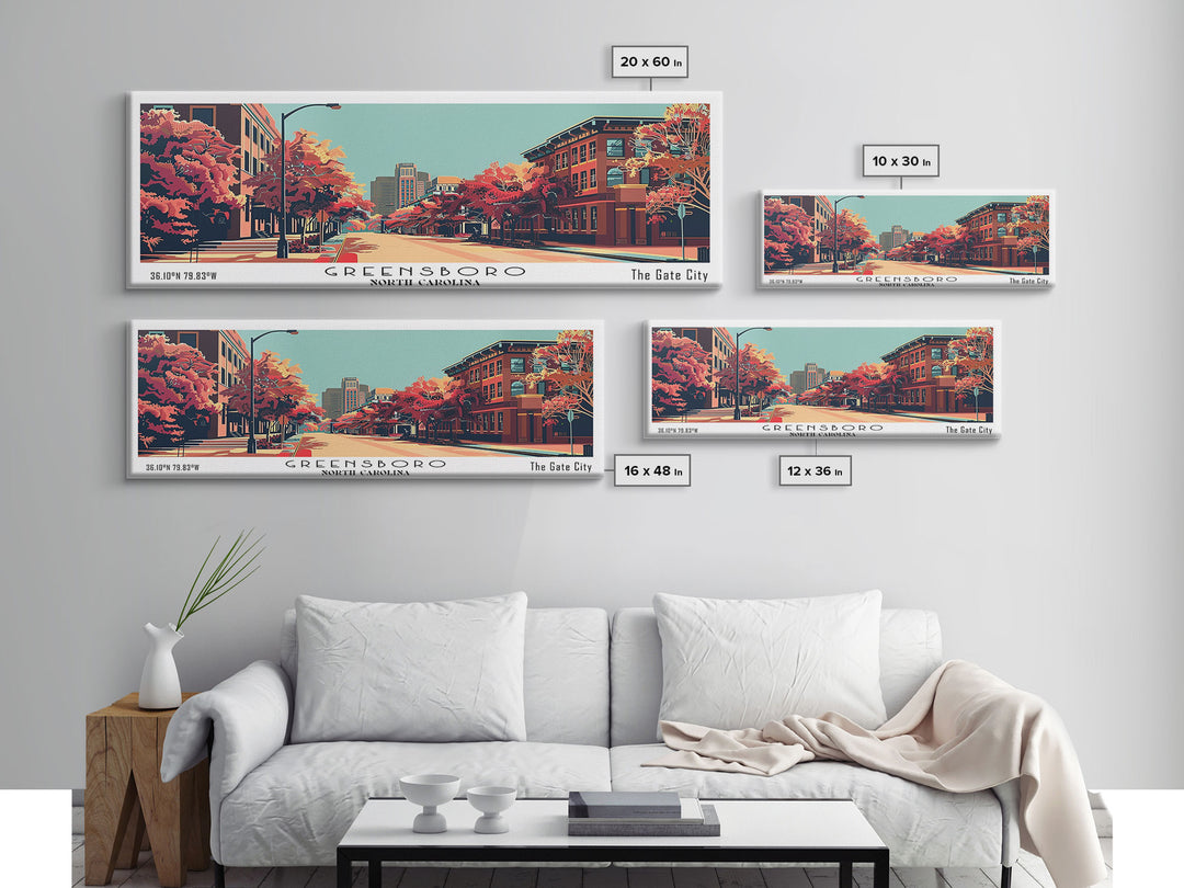 Greensboro North Carolina Panoramic Wall Art, Mid Century Modern Framed Canvas Print, Retro Pop Art Travel Poster, City Art, Living Room Decor, Home Office Decor