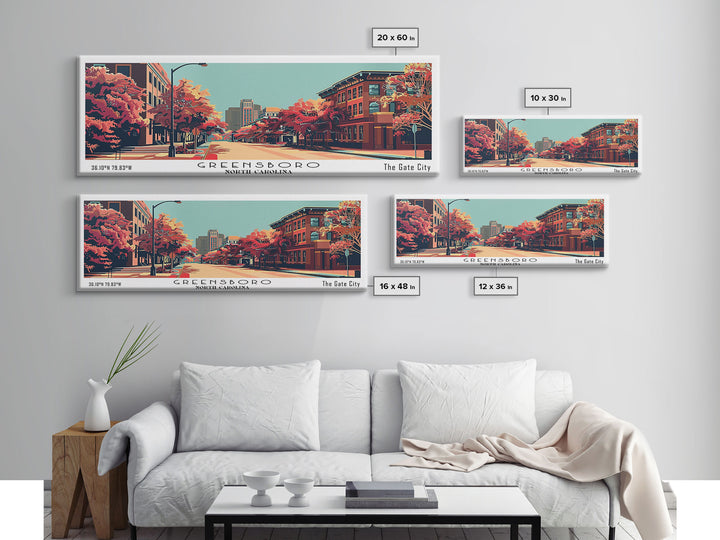 Greensboro North Carolina Panoramic Wall Art, Mid Century Modern Framed Canvas Print, Retro Pop Art Travel Poster, City Art, Living Room Decor, Home Office Decor