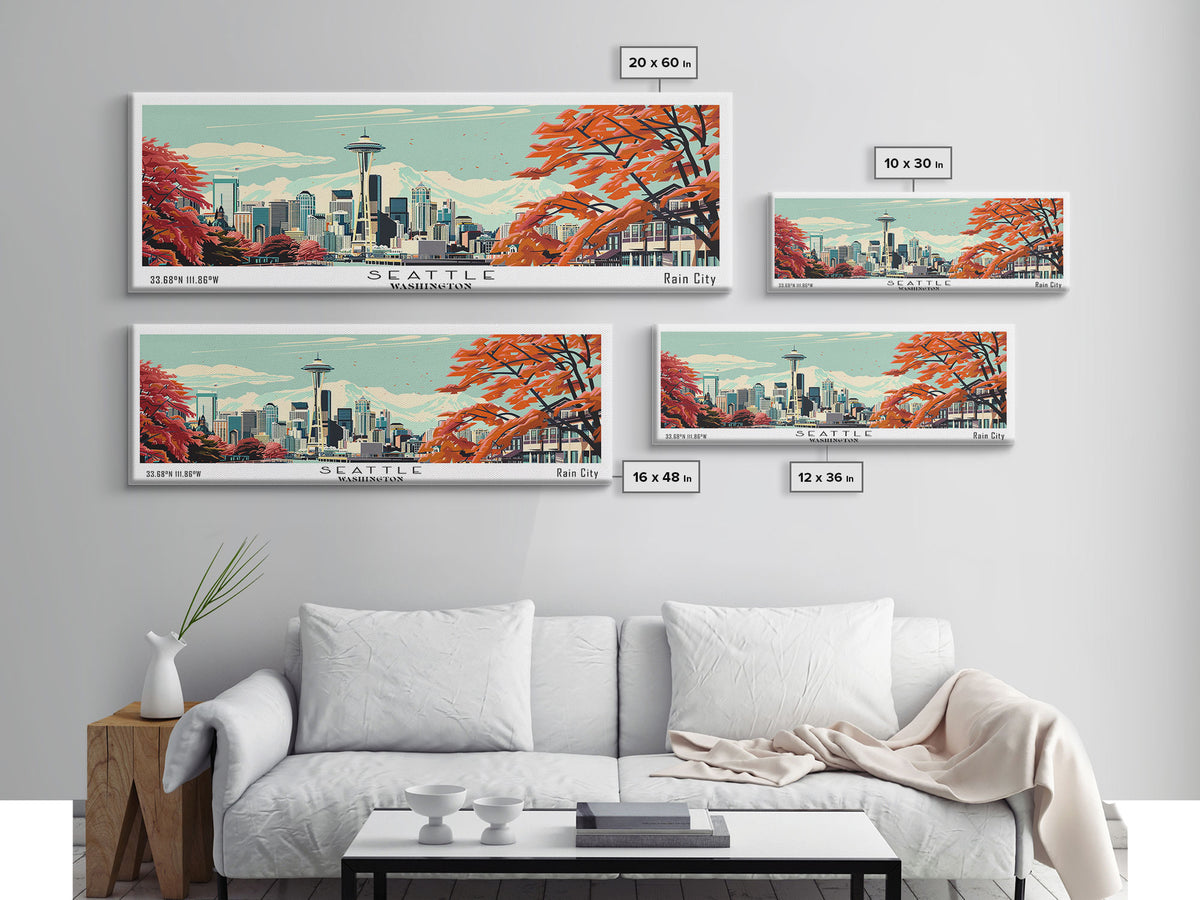 Seattle Washington Panoramic Painting, Mid Century Modern Framed Canvas Print, Retro Pop Art Travel Poster, Cityscape, Home Decor, Office Wall Art