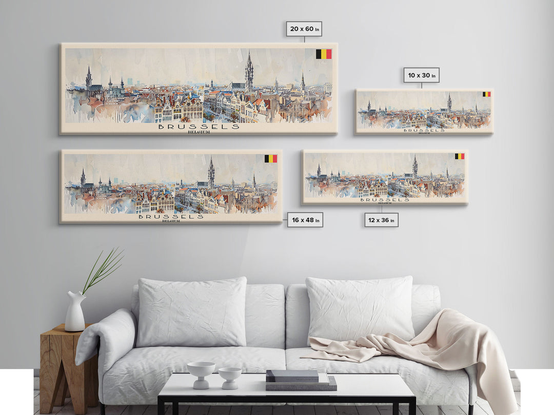 Brussels Belgium Panoramic Travel Poster, Framed Canvas Print or Metal Wall Art, Travel Art, Home Decor, Panoramic Painting, Midcentury Art