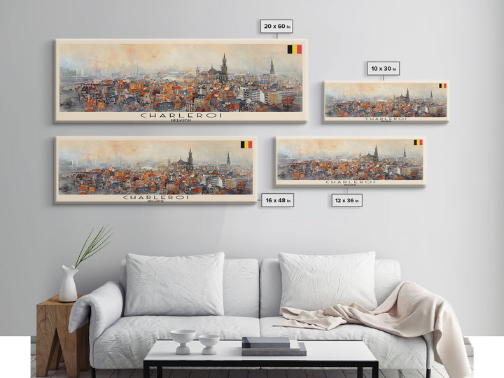 Charleroi Belgium Travel Print Wall Art, Panoramic City Art, Travel Art, Wall Decor, Vacation Gift, Framed Canvas Print Or Metal Art