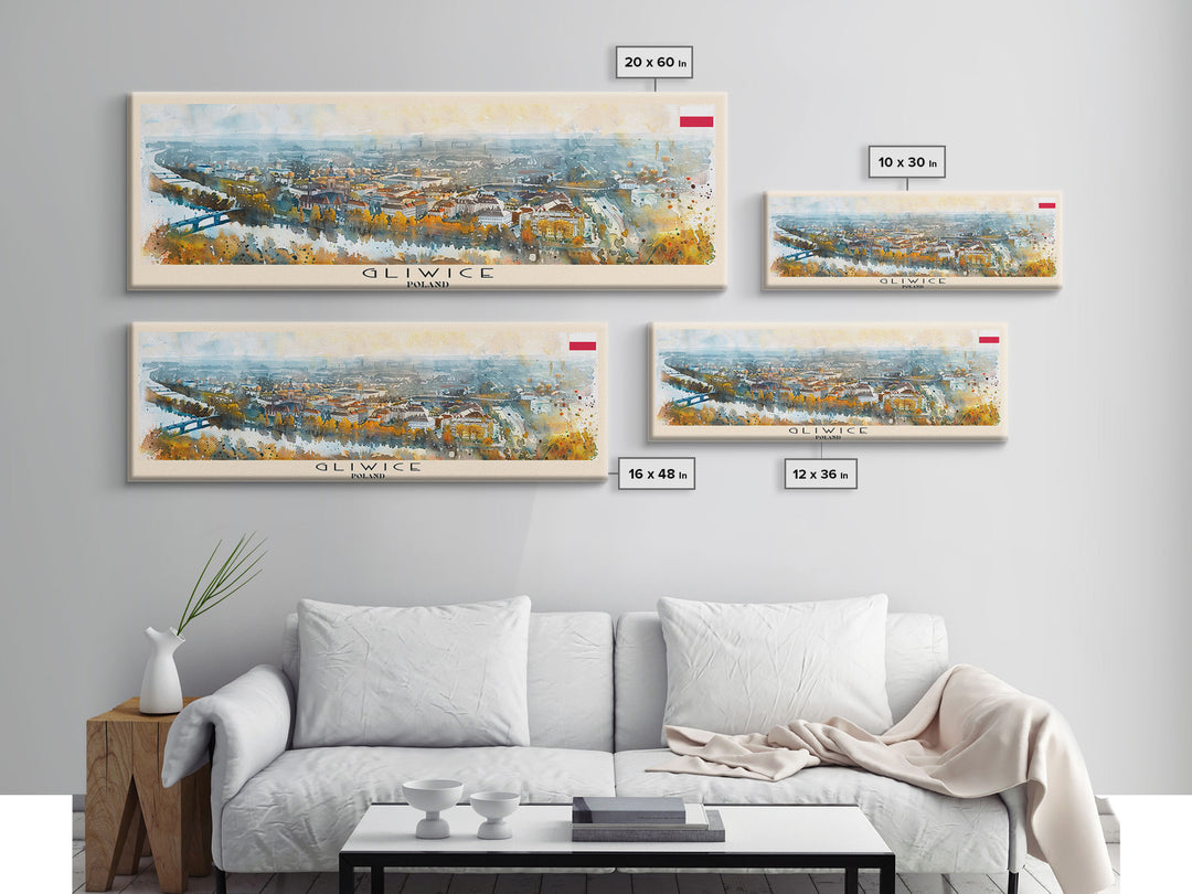 Gliwice Poland Panoramic Travel Poster, Framed Canvas Print or Metal Wall Art, Travel Art, Home Decor, Panoramic Painting, Midcentury Art