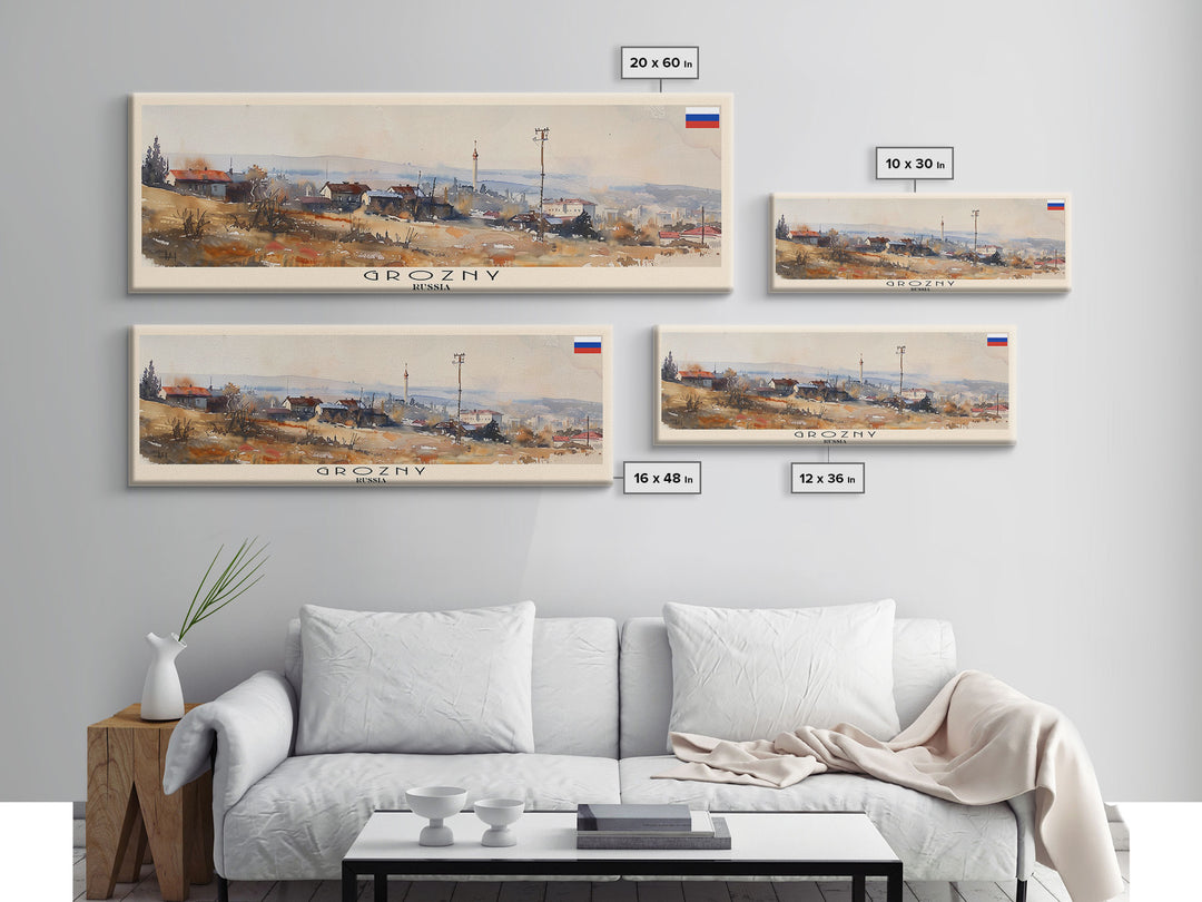 Grozny Russia Panoramic Travel Poster, Framed Canvas Print or Metal Wall Art, Travel Art, Home Decor, Panoramic Painting, Midcentury Art