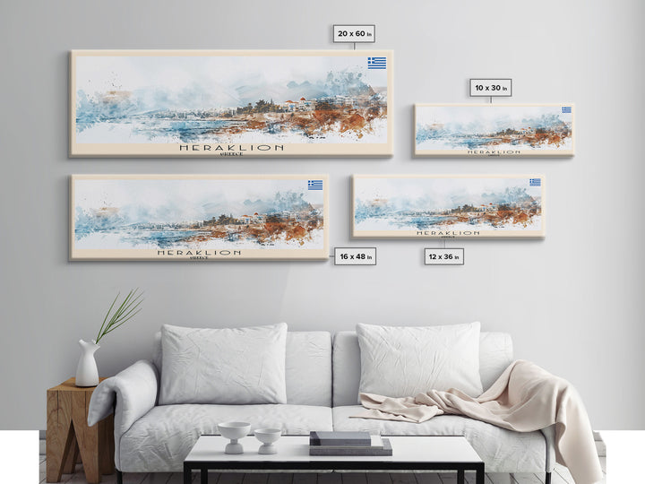 Heraklion Greece Panoramic Travel Poster, Framed Canvas Print or Metal Wall Art, Travel Art, Home Decor, Panoramic Painting, Midcentury Art