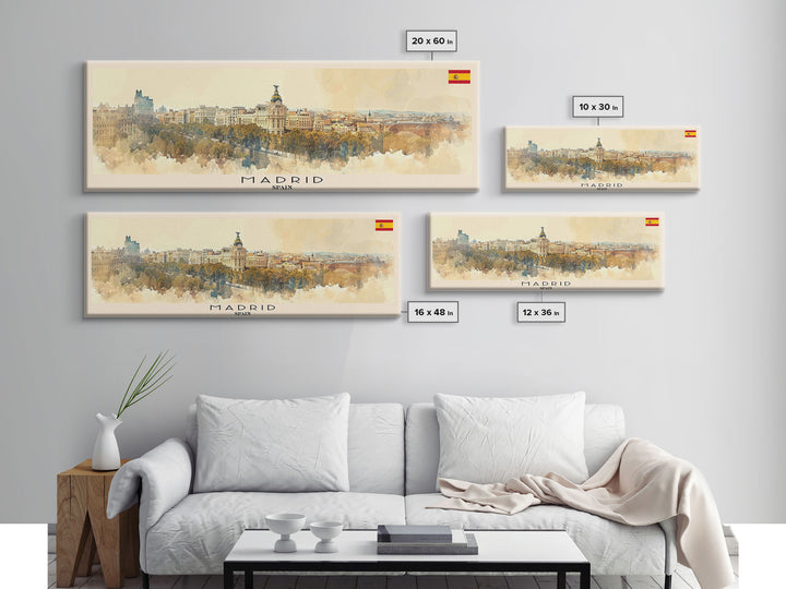 Madrid Spain Panoramic Travel Poster, Framed Canvas Print or Metal Wall Art, Travel Art, Home Decor, Panoramic Painting, Midcentury Art