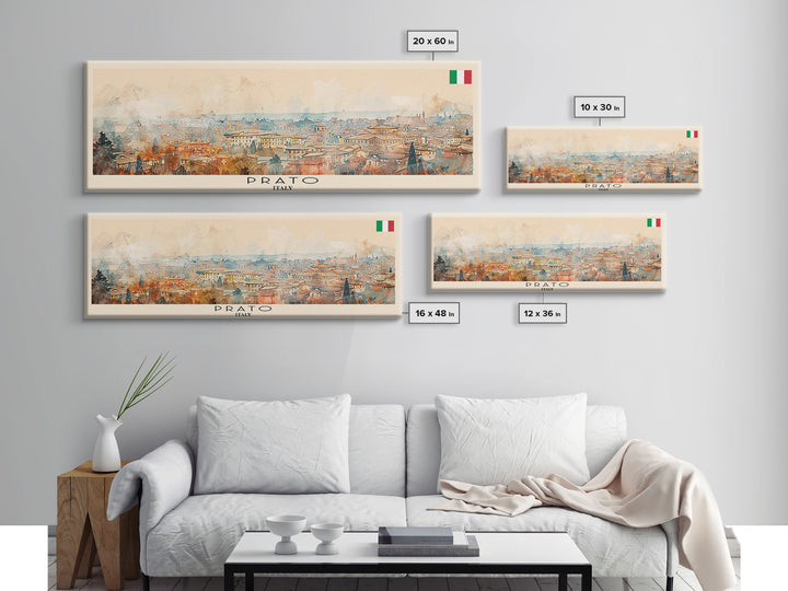 Prato Italy Panoramic Travel Poster, Framed Canvas Print or Metal Wall Art, Travel Art, Home Decor, Panoramic Painting, Midcentury Art