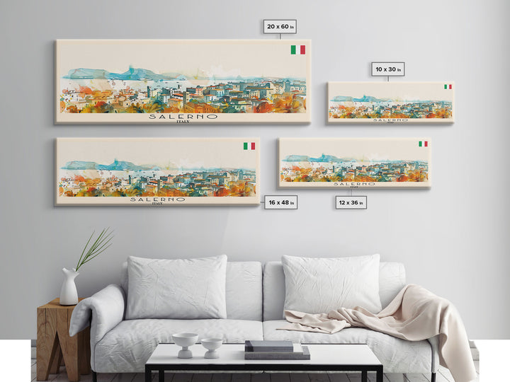 Salerno Italy Travel Art, City Art, Framed Canvas Print or Metal Wall Art, Europe Travel Poster, Panoramic Wall Art, Extra Wide Wall Art