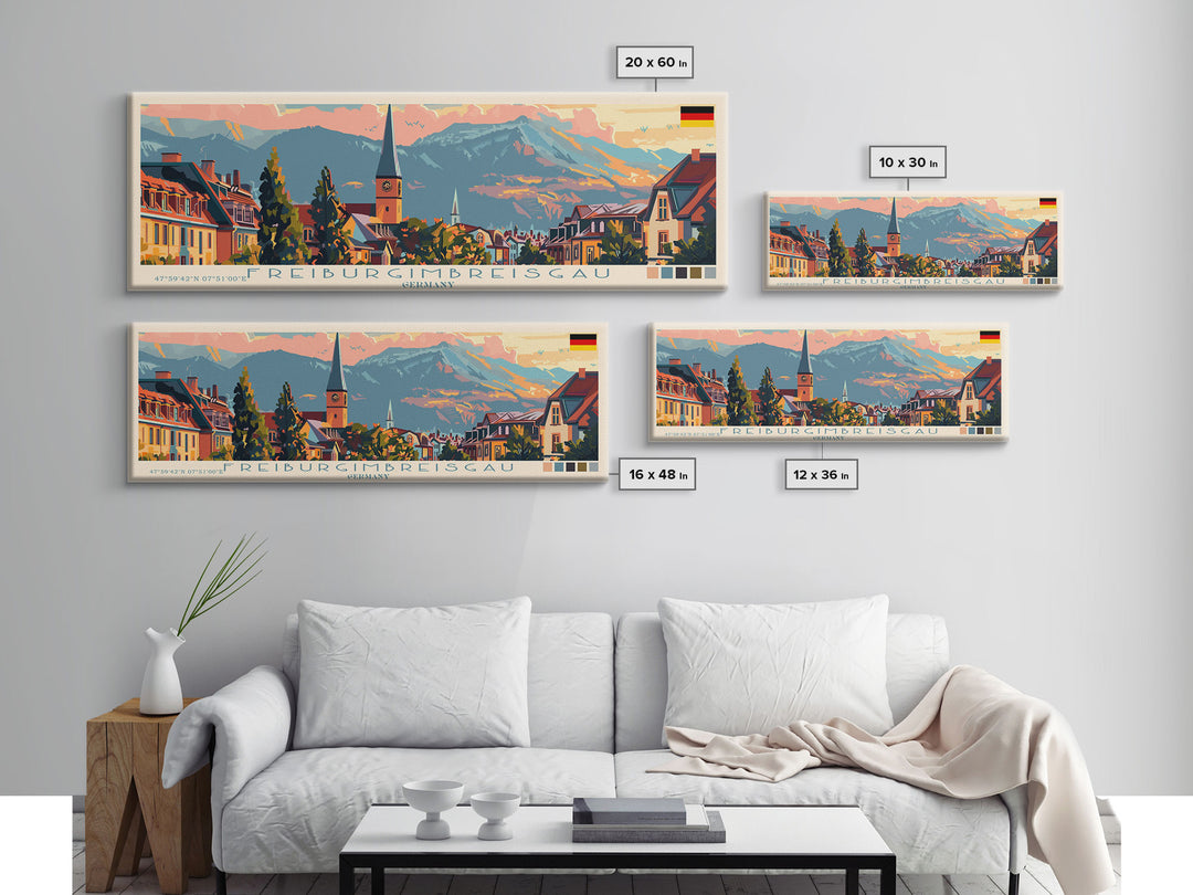 Freiburg Germany Panoramic Travel Poster, Framed Canvas Print or Metal Wall Art, Travel Art, Home Decor, Panoramic Painting, Midcentury Art