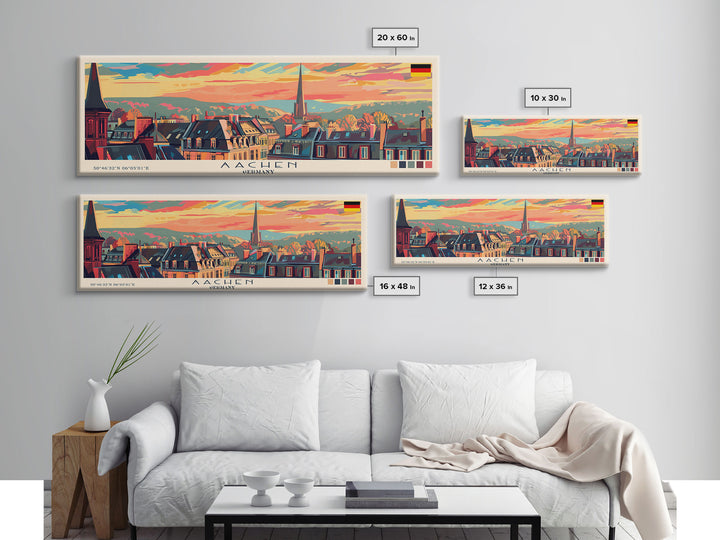 Aachen Germany  Panoramic Travel Poster, Framed Canvas Print or Metal Wall Art, Travel Art, Home Decor, Panoramic Painting, Midcentury Art