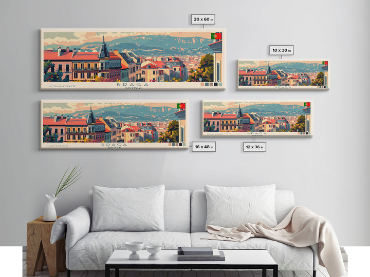 Braga Portugal Travel Art, City Art, Framed Canvas Print or Metal Wall Art, Europe Travel Poster, Panoramic Wall Art, Extra Wide Wall Art