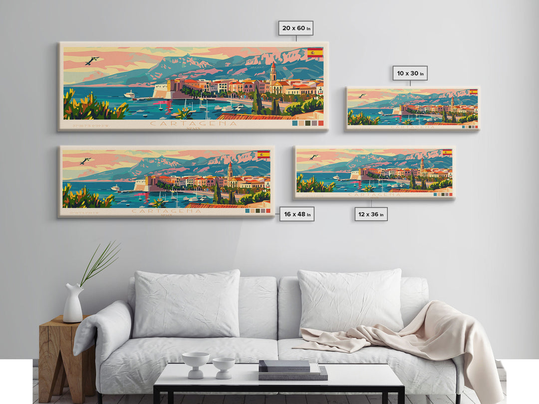 Cartagena Spain Panoramic Travel Poster, Framed Canvas Print or Metal Wall Art, Travel Art, Home Decor, Panoramic Painting, Midcentury Art