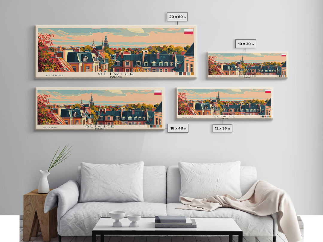 Gliwice Poland Panoramic Travel Poster, Framed Canvas Print or Metal Wall Art, Travel Art, Home Decor, Panoramic Painting, Midcentury Art