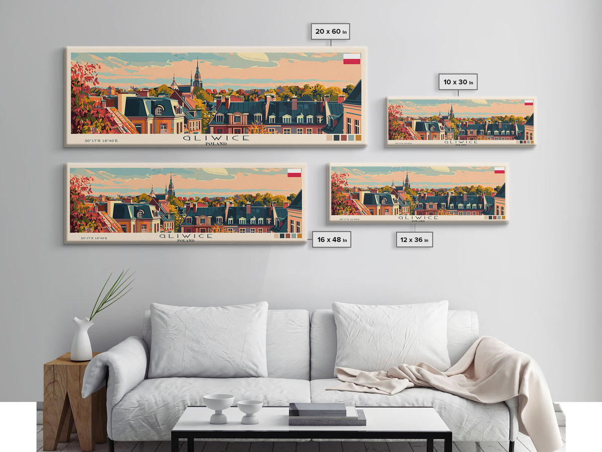 Gliwice Poland Panoramic Travel Poster, Framed Canvas Print or Metal Wall Art, Travel Art, Home Decor, Panoramic Painting, Midcentury Art