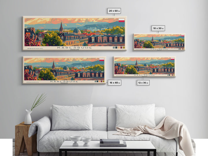Karlsruhe Germany Panoramic Travel Poster, Framed Canvas Print or Metal Wall Art, Travel Art, Home Decor, Panoramic Painting, Midcentury Art