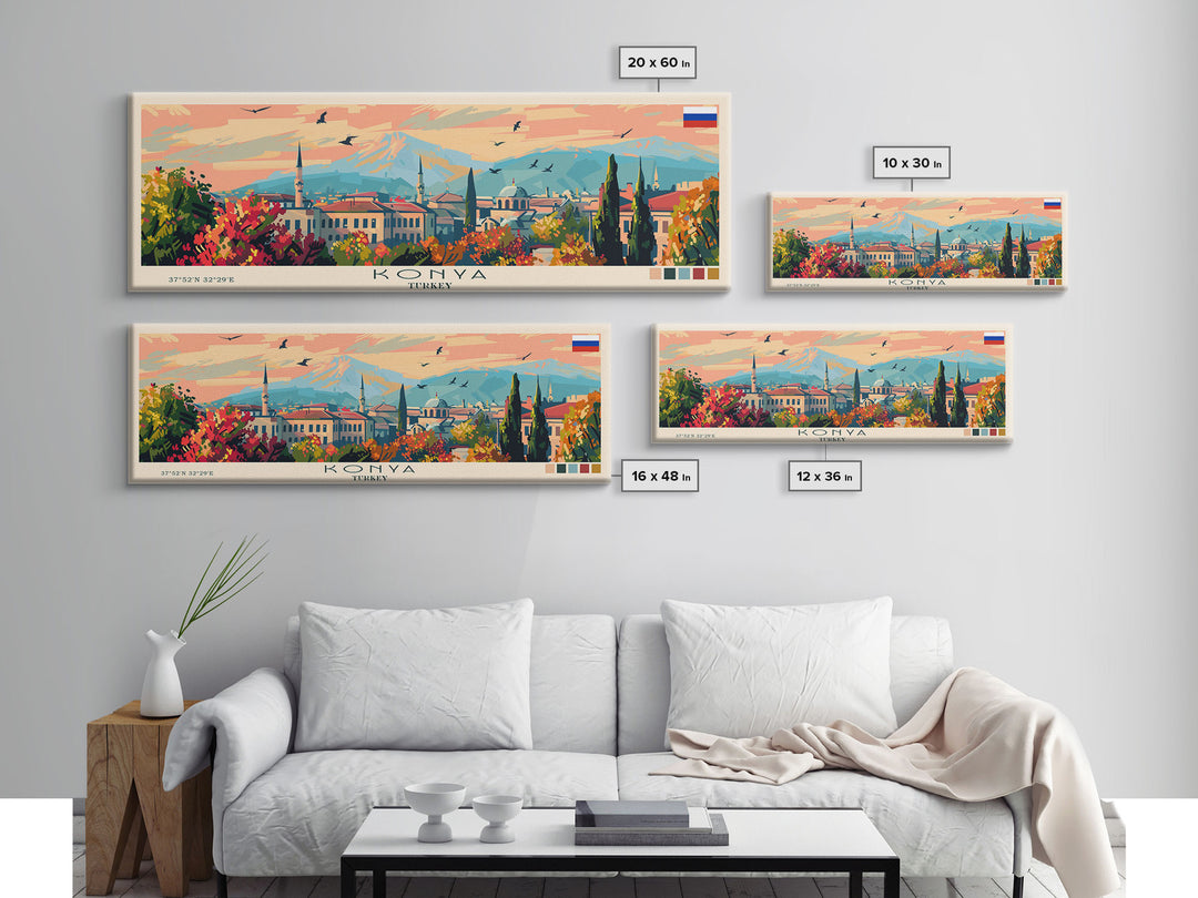 Konya Turkey Panoramic Travel Poster, Framed Canvas Print or Metal Wall Art, Travel Art, Home Decor, Panoramic Painting, Midcentury Art