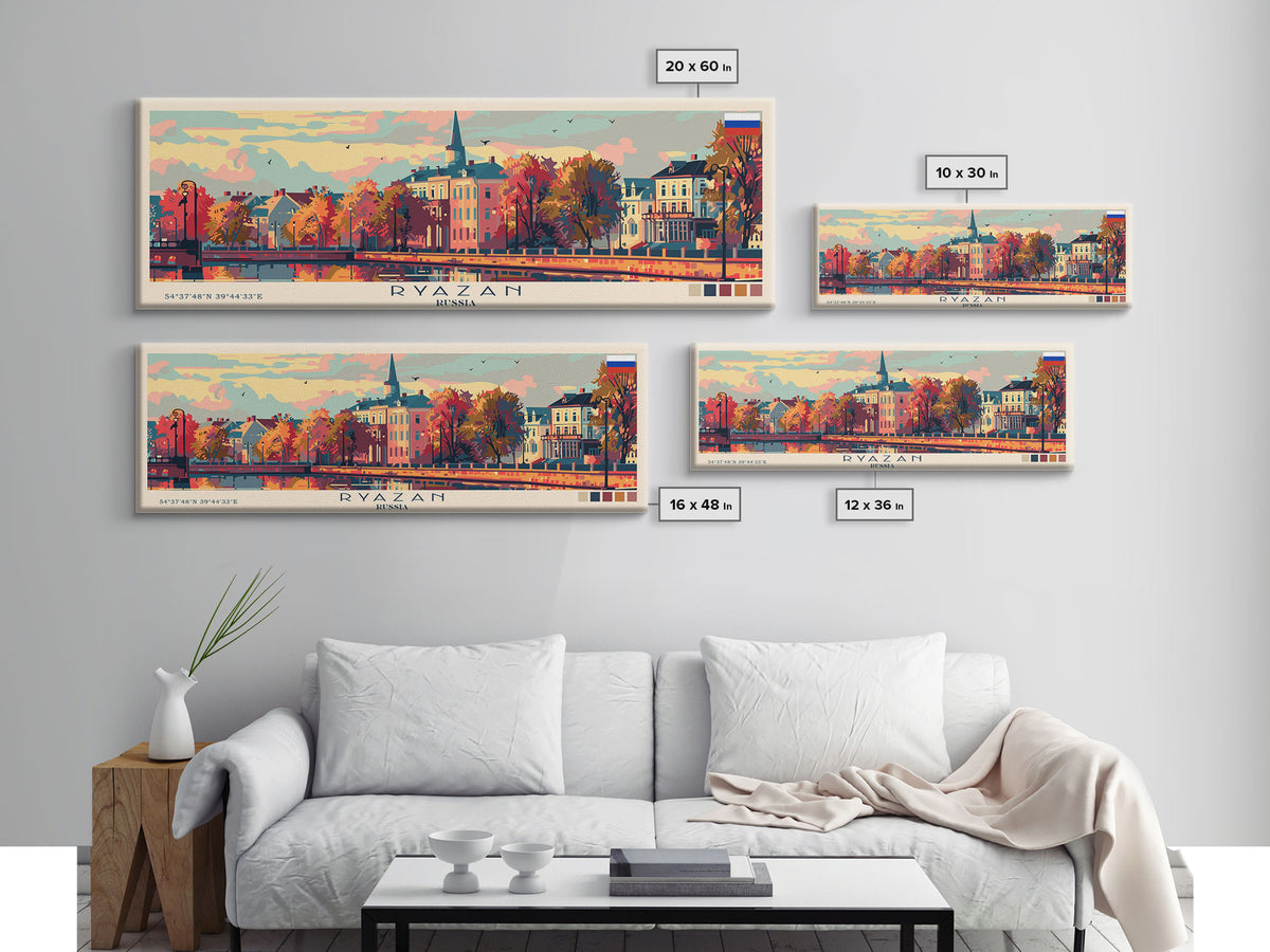 Ryazan Russia Panoramic Travel Poster, Framed Canvas Print or Metal Wall Art, Travel Art, Home Decor, Panoramic Painting, Midcentury Art