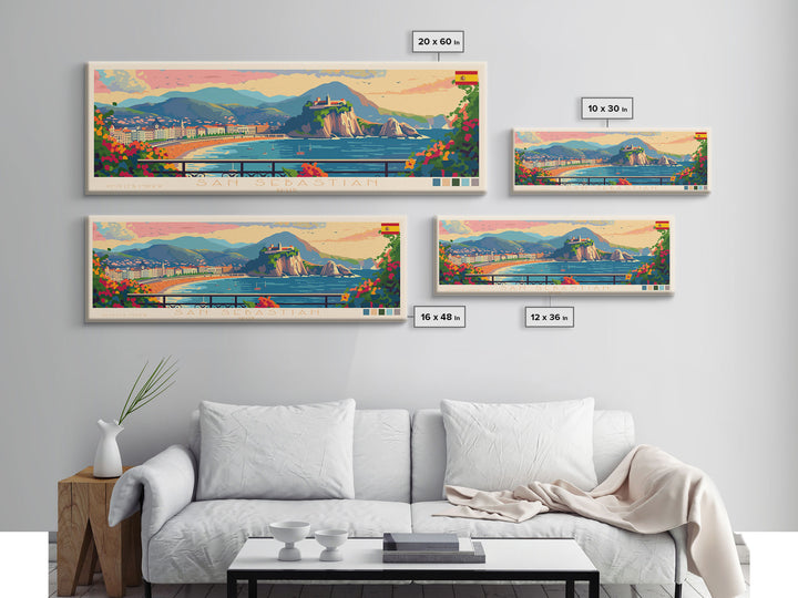 San Sebastian Spain Panoramic Travel Poster, Framed Canvas Print or Metal Wall Art, Travel Art, Home Decor, Panoramic Painting, Midcentury Art