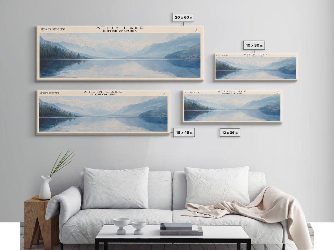 Atlin Lake Panoramic Framed Canvas Print, Lake House Decor, Minimalist Art, Travel Poster, Scenic View, Nature Wall Art