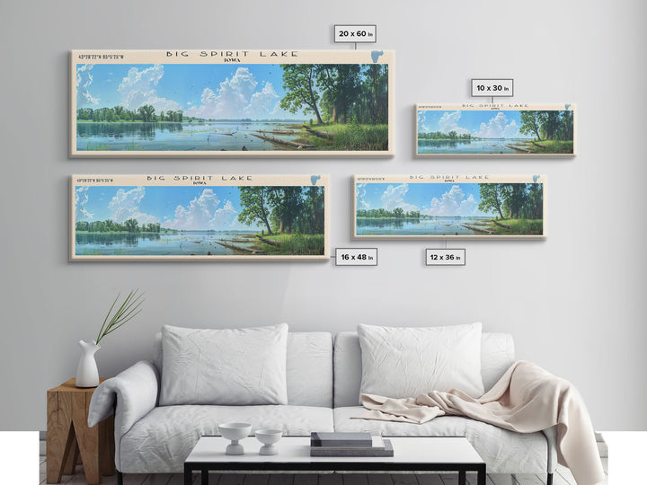 Big Spirit Lake Iowa Framed Canvas Print, Panoramic Lake House Decor, Scenic View, Travel Poster, Rustic Art, Lake Painting