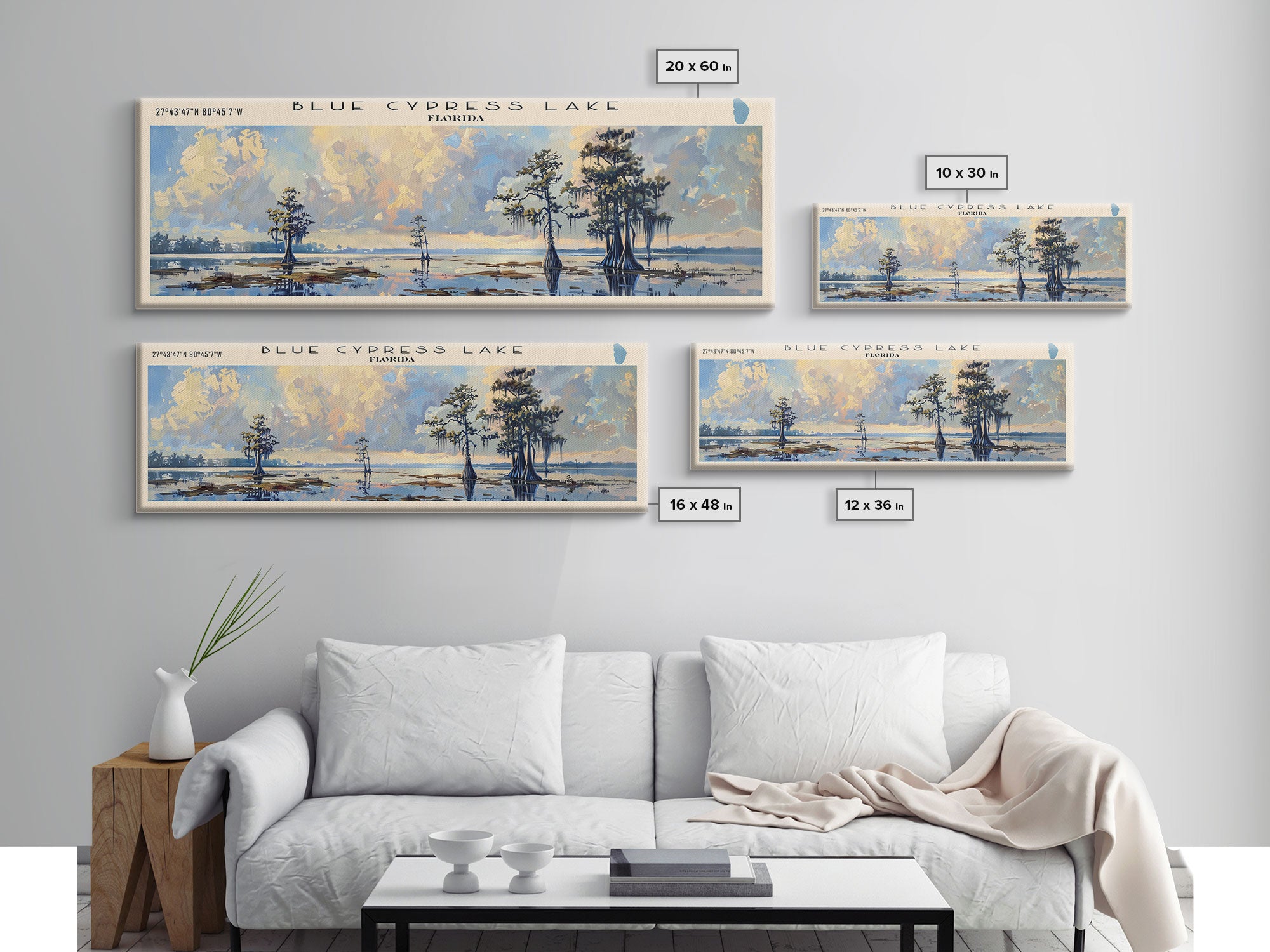 Blue Cypress Lake Florida Framed Canvas Print, Lake House Art, Panoramic Scenic View, Travel Poster, Modern Decor, Lake Painting