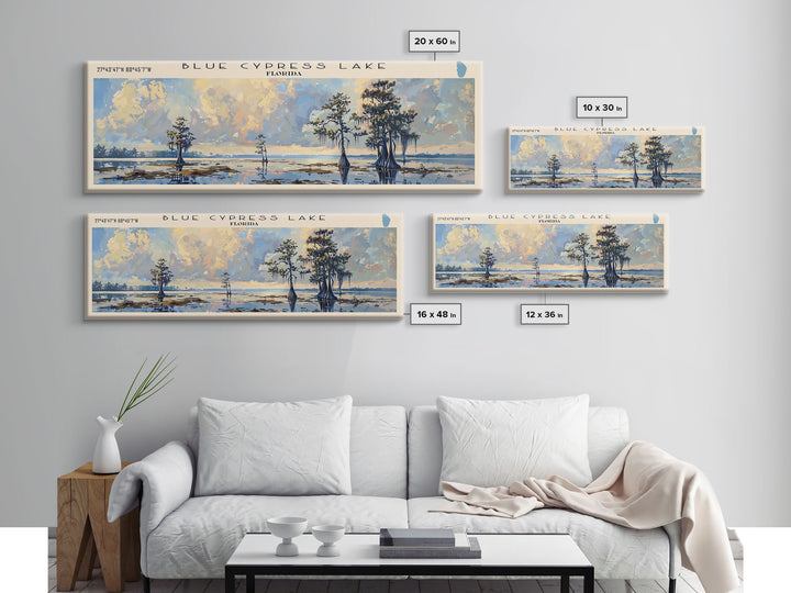 Blue Cypress Lake Florida Framed Canvas Print, Lake House Art, Panoramic Scenic View, Travel Poster, Modern Decor, Lake Painting