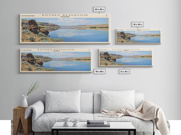 Boysen Reservoir Wyoming Framed Canvas Print, Lake House Art, Panoramic Wall Art, Travel Poster, Minimalist Lake Painting, Home Decor