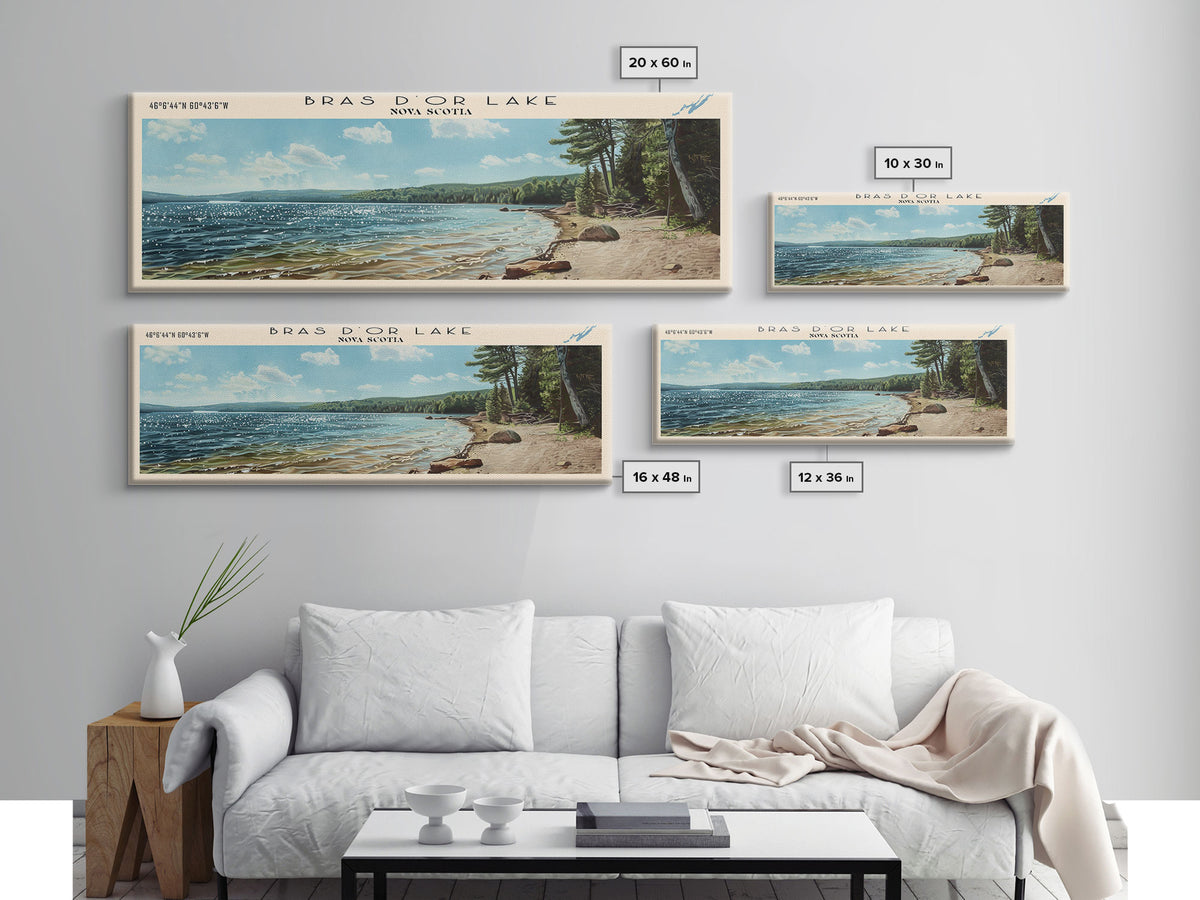 Bras d'Or Lake Framed Canvas Print, Panoramic Lake House Decor, Wall Art, Travel Poster, Rustic Lake Painting, Home Decor