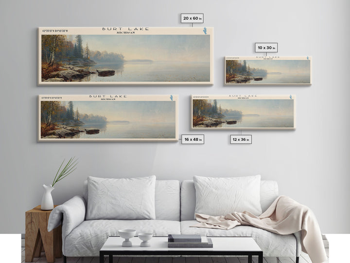 Burt Lake Michigan Framed Canvas Print, Panoramic Lake House Decor, Wall Art, Travel Poster, Rustic Lake Painting, Nature Art
