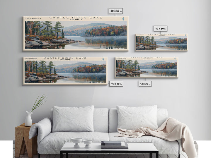 Castle Rock Lake Wisconsin Framed Canvas Print, Lake House Art, Panoramic Wall Art, Travel Poster, Modern Lake Painting, Home Decor